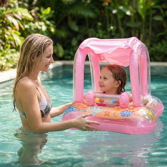 Flynow Baby Pool Float with Canopy Sun Protection, Kids Swimming Float with Safety Seat, Inflatable Toddlers Pool Floats with Cartoon Bell Toy, Infant Swim Trainer, Summer Essentials for Boys Girls