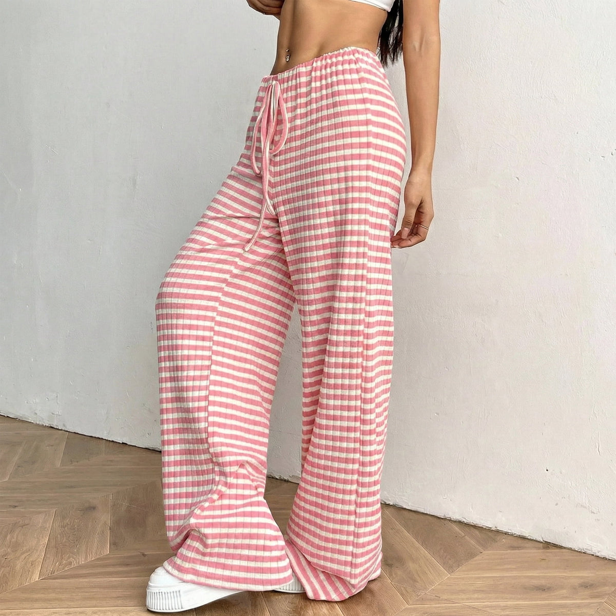 Women’s Wide Leg Palazzo Pants High Waisted Striped Knit Lounge Pants Elastic Waist Drawstring Casual Pajama Trousers