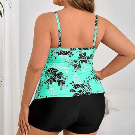 Plus Size Tankini Swimsuits for Women Tummy Control 2 Piece Bathing Suit Ruffle Flounce Swim Top with Boyshorts Modest Floral Swimwear