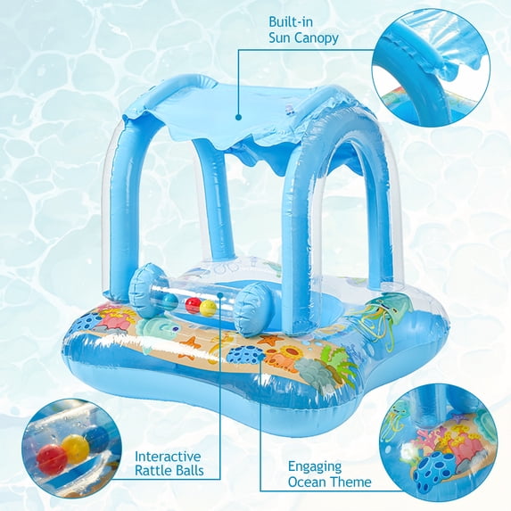 Flynow Baby Pool Float with Canopy Sun Protection, Kids Swimming Float with Safety Seat, Inflatable Toddlers Pool Floats with Cartoon Bell Toy, Infant Swim Trainer, Summer Essentials for Boys Girls