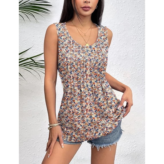 WQD Women’s Tank Top Summer Sleeveless Tops Pleated Floral Tank Shirt Crew Neck Loose Fit Casual Flowy Dressy Lightweight Tunic Blouse for Daily Fashion Wear