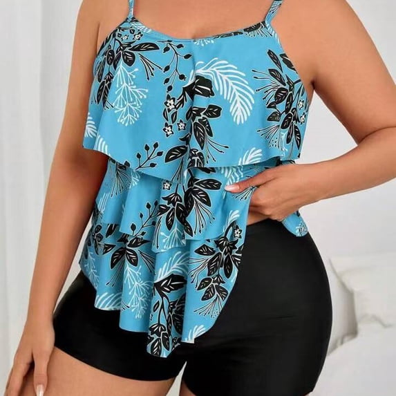 Plus Size Tankini Swimsuits for Women Tummy Control 2 Piece Bathing Suit Ruffle Flounce Swim Top with Boyshorts Modest Floral Swimwear
