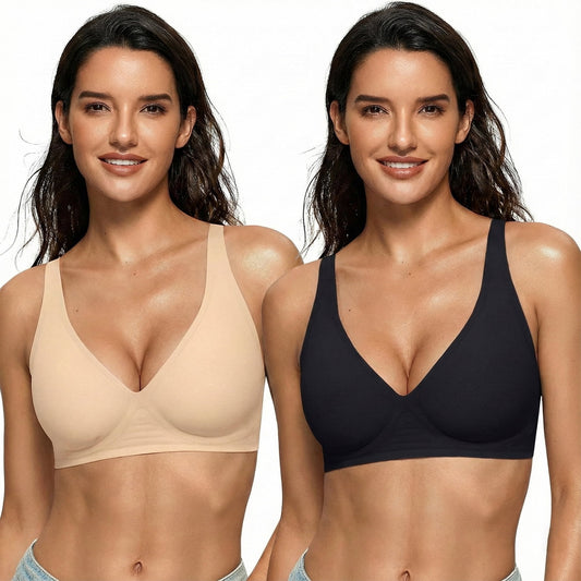 2 Pack Women’s Wireless Bras Comfortable Supportive No Underwire T-Shirt Deep V Bras Seamless Push Up Bralettes Plunge Bra