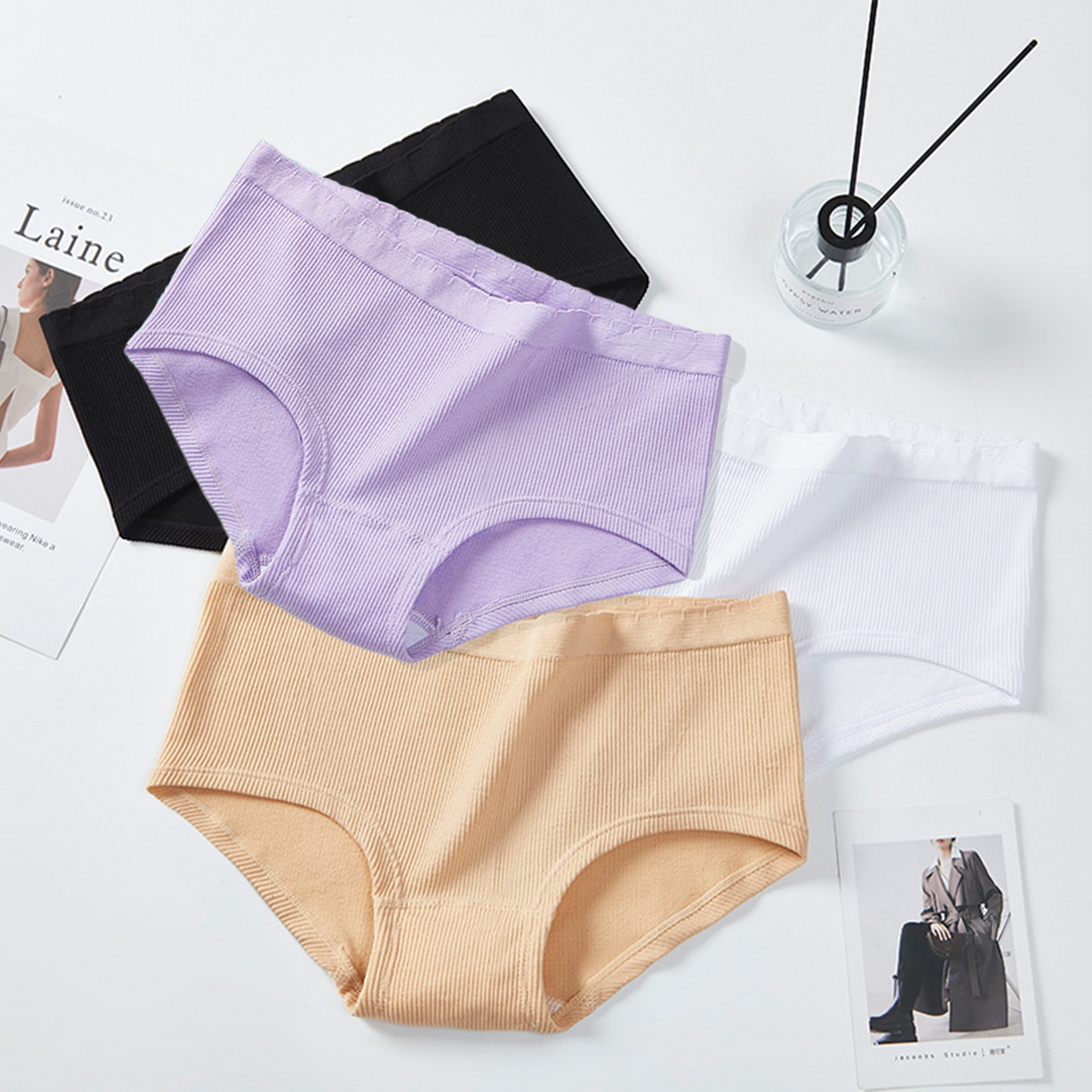 WQD Women's Underwear 8 Pack Ribbed Briefs Mid Rise Full Coverage Stretch Panties No Ride Up Soft Breathable Everyday Underwear
