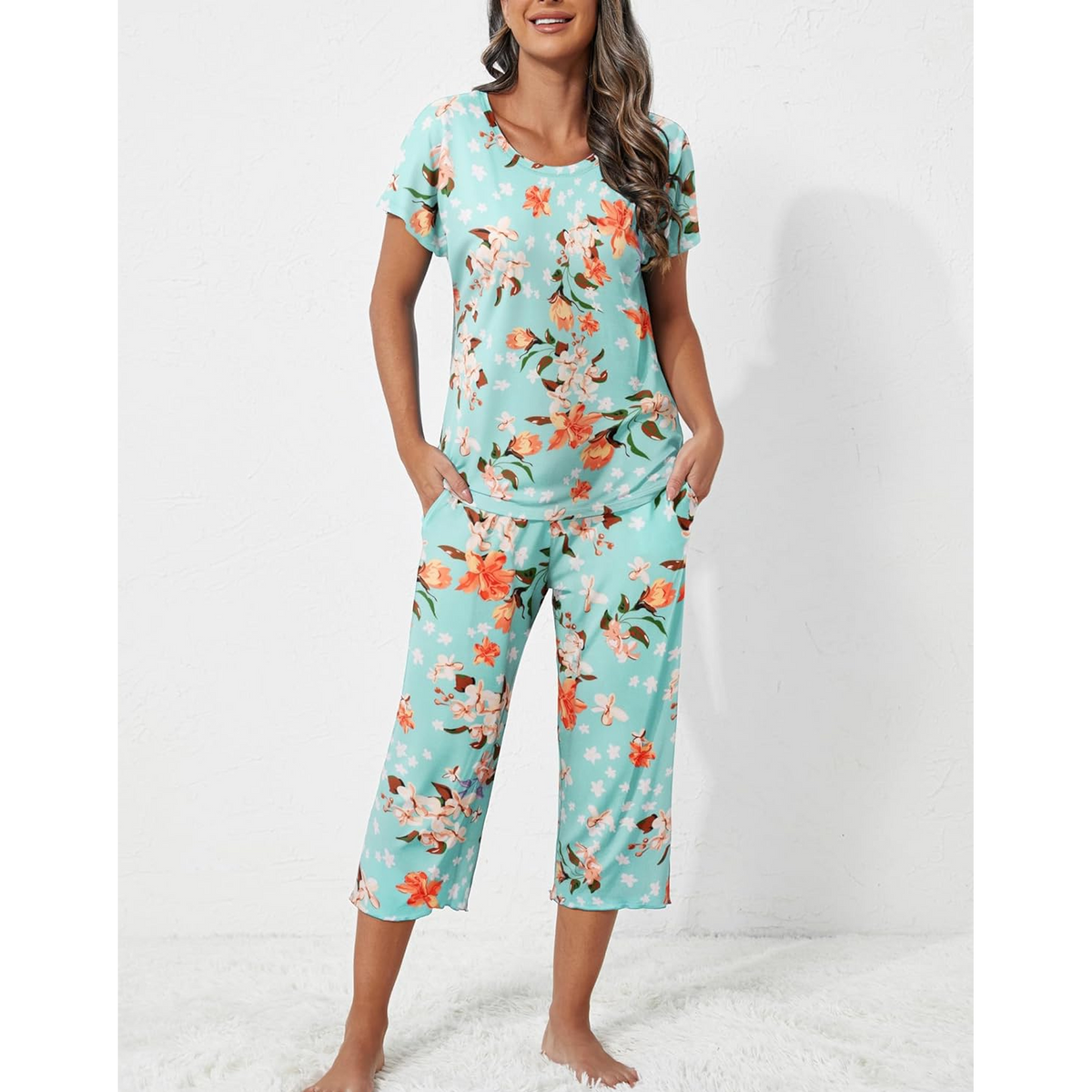 WQD Womens Pajama Sets Pj Set Floral Print Short Short Sleeve Top With Capri Pants Sleepwear 2 Piece Loungewear with Pockets