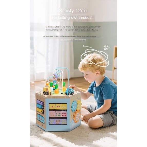 Flynow Baby Wooden Activity Table Cube for Toddlers, 14 in 1 Montessori Baby Activity Cube, Baby Play Cube Toy with Educational Features, Gift Wooden Cube Toy for Babies 6-12 Months
