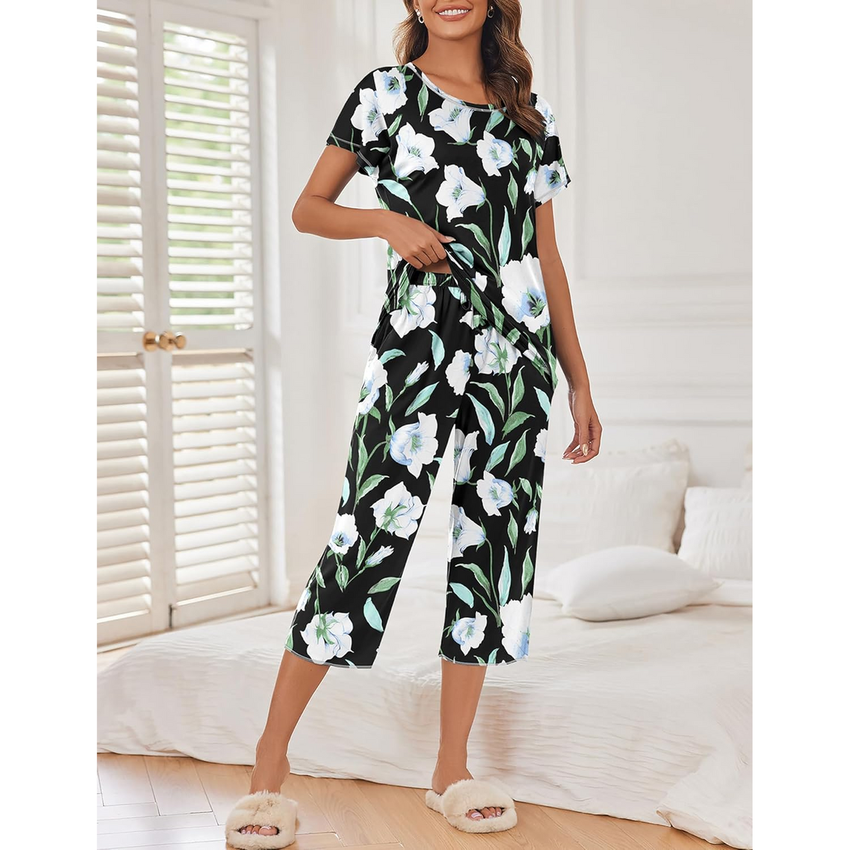WQD Womens Pajama Sets Pj Set Floral Print Short Short Sleeve Top With Capri Pants Sleepwear 2 Piece Loungewear with Pockets