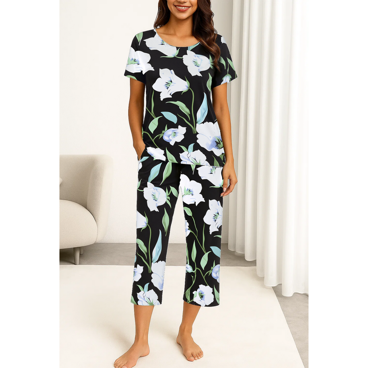 WQD Womens Pajama Sets Pj Set Floral Print Short Short Sleeve Top With Capri Pants Sleepwear 2 Piece Loungewear with Pockets
