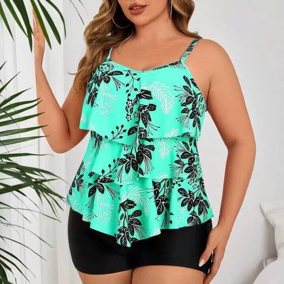 Plus Size Tankini Swimsuits for Women Tummy Control 2 Piece Bathing Suit Ruffle Flounce Swim Top with Boyshorts Modest Floral Swimwear