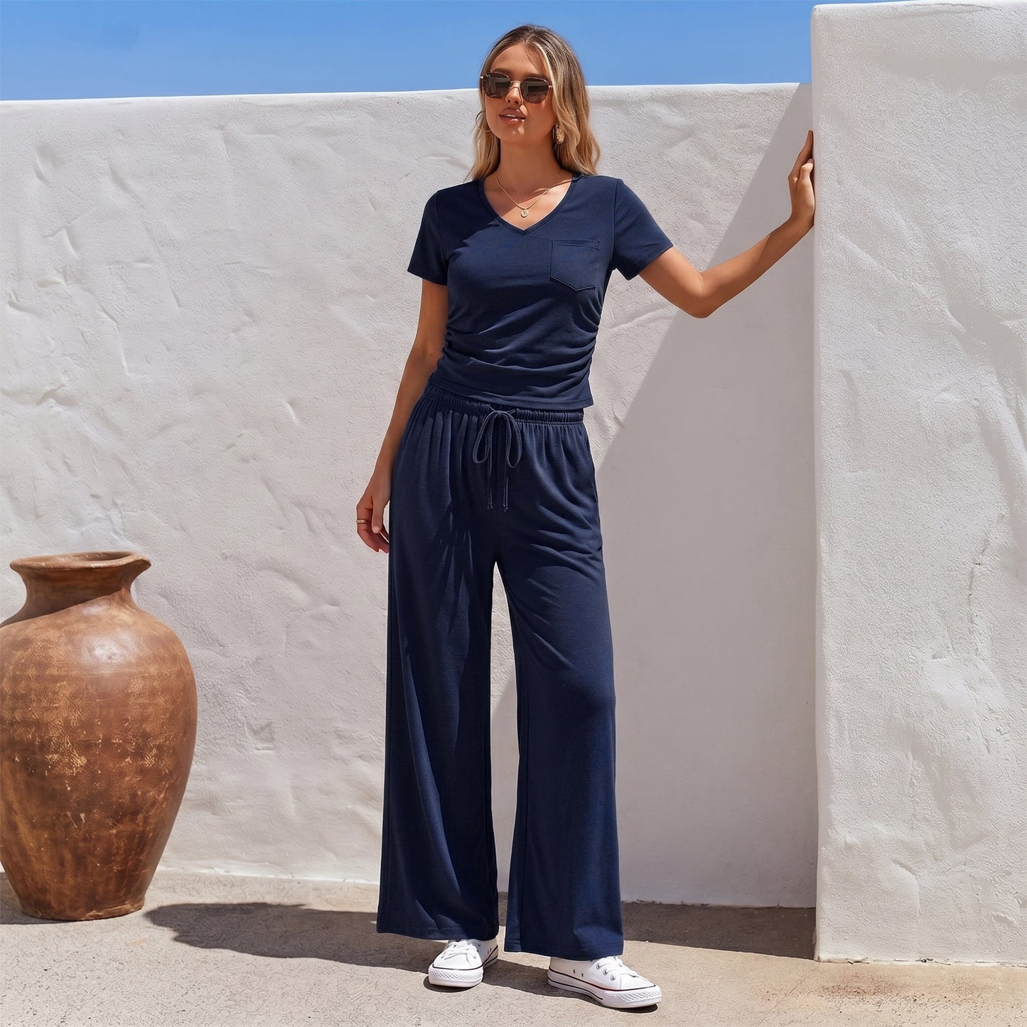 WQD Womens 2 Piece Set Outfits Lounge Sets Ruched Short Sleeve Tops High Waisted Wide Leg Pants Tracksuit Sets