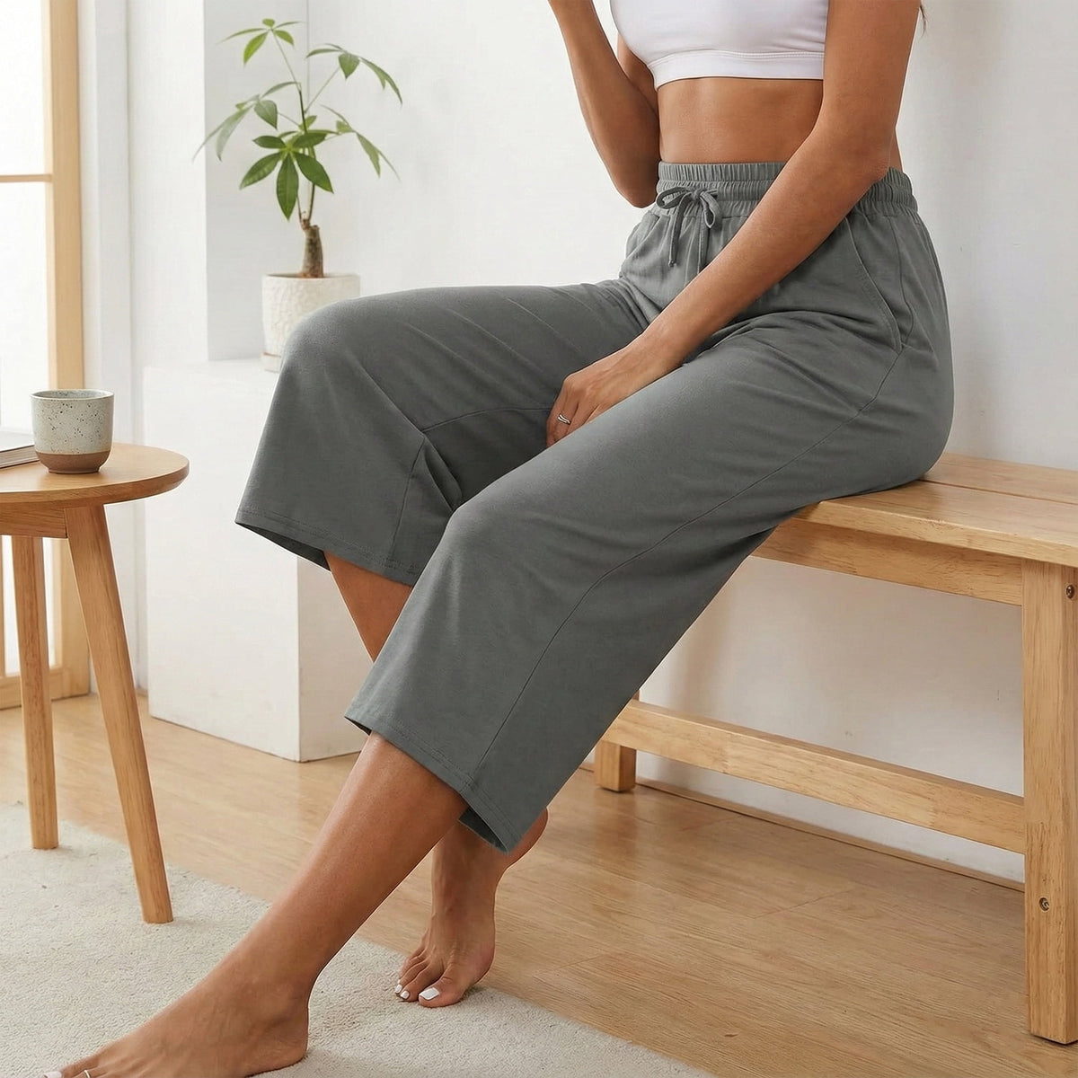 Women’s Capri Yoga Sweatpants with Pockets High Waist Drawstring Flared Pants Casual Workout Lounge Flare Leggings for Summer