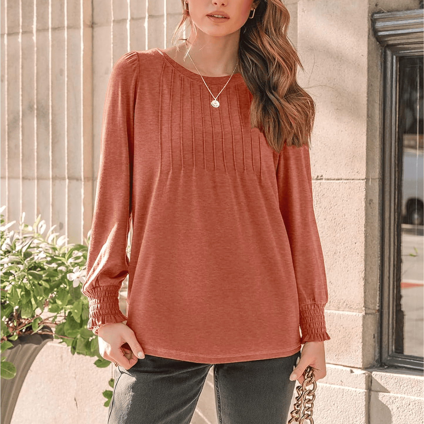 WQD Womens Long Sleeve Shirts Pleated Crewneck Tops Business Casual Blouses Fashion Dressy Smocked Cuffs Pullover Fall Spring Winter