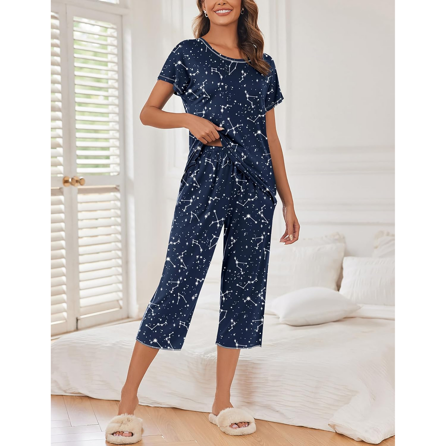 WQD Womens Pajama Sets Pj Set Floral Print Short Short Sleeve Top With Capri Pants Sleepwear 2 Piece Loungewear with Pockets