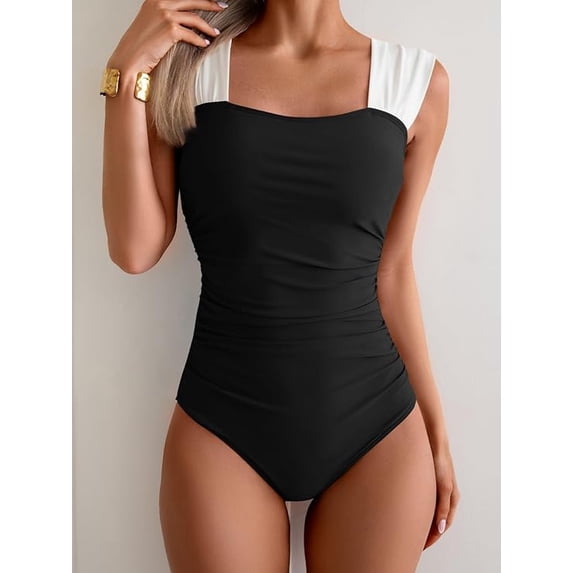 WQD Womens One Piece Swimsuit Square Neck Tummy Control Bathing Suit Ruched Retro Modest Full Coverage Swimwear