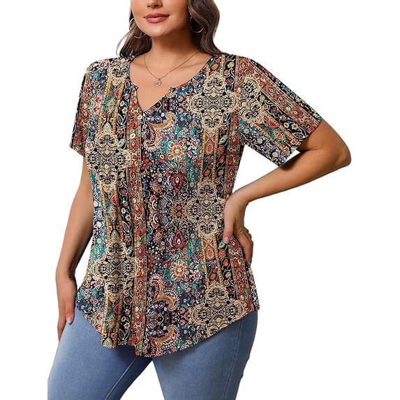 Womens Plus Size Tunic Tops Summer Short Sleeve V Neck Floral Blouse Casual Loose Fit Pleated Button Down Dressy T Shirts for Work, Travel & Everyday Wear