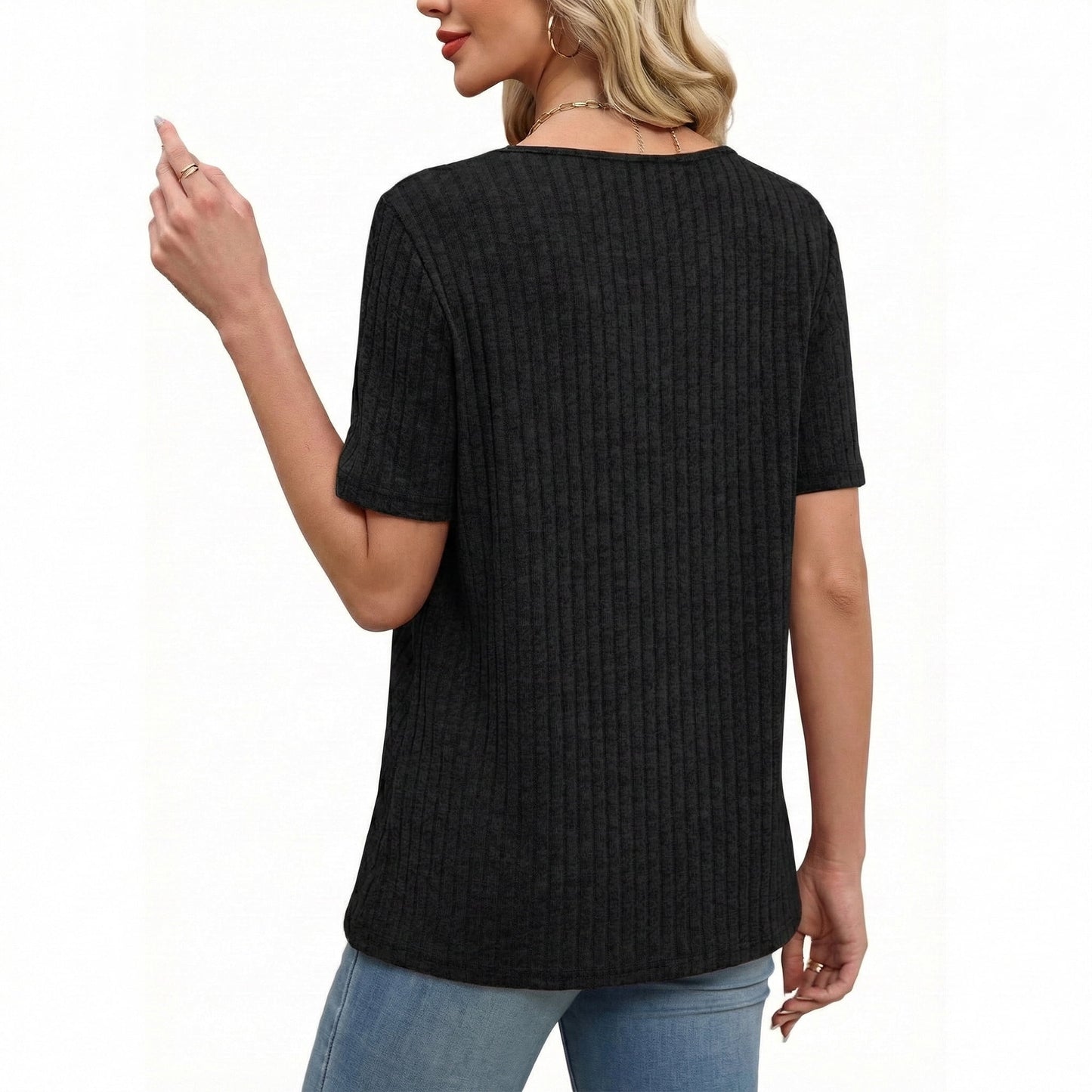 Womens Summer Tunic Tops Short Sleeve Crew Neck Casual Shirts Button Detail Loose Fit T Shirts for Daily Wear Vacation