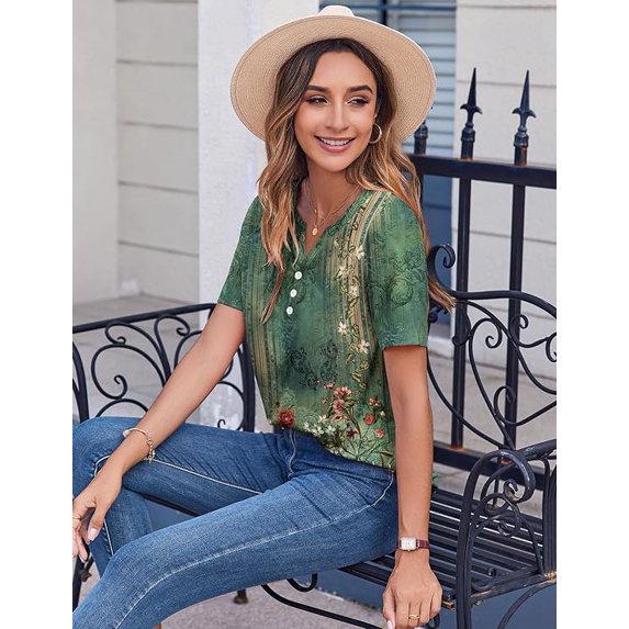 WQD Women’s Summer V Neck Blouse Short Sleeve Floral Print Top Casual Loose Fit Business Dressy Work Shirt