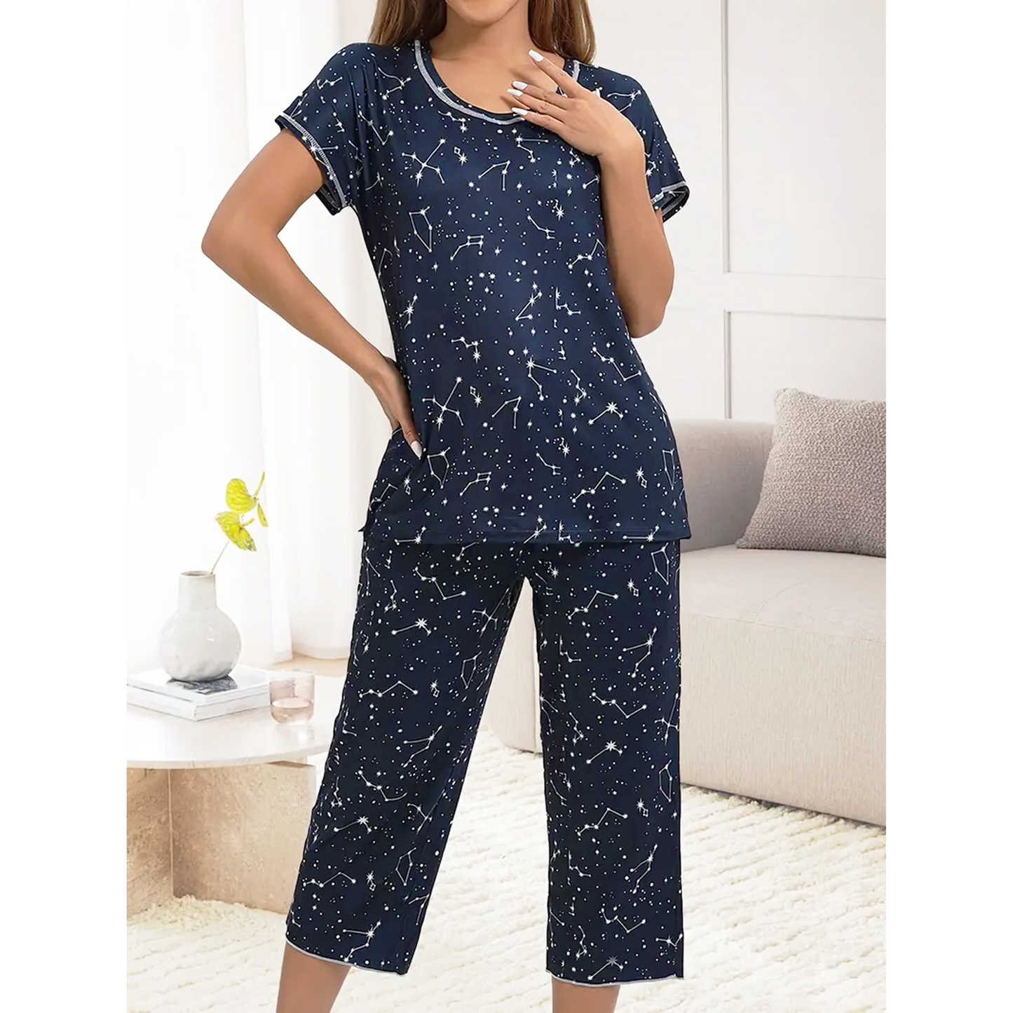 WQD Womens Pajama Sets Pj Set Floral Print Short Short Sleeve Top With Capri Pants Sleepwear 2 Piece Loungewear with Pockets