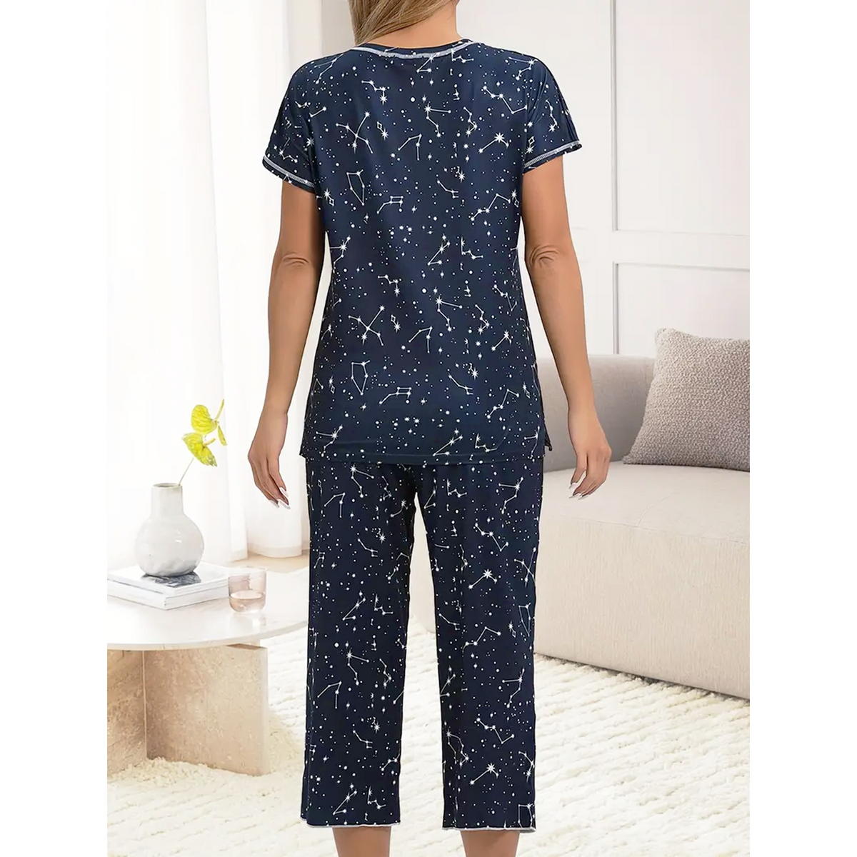 WQD Womens Pajama Sets Pj Set Floral Print Short Short Sleeve Top With Capri Pants Sleepwear 2 Piece Loungewear with Pockets