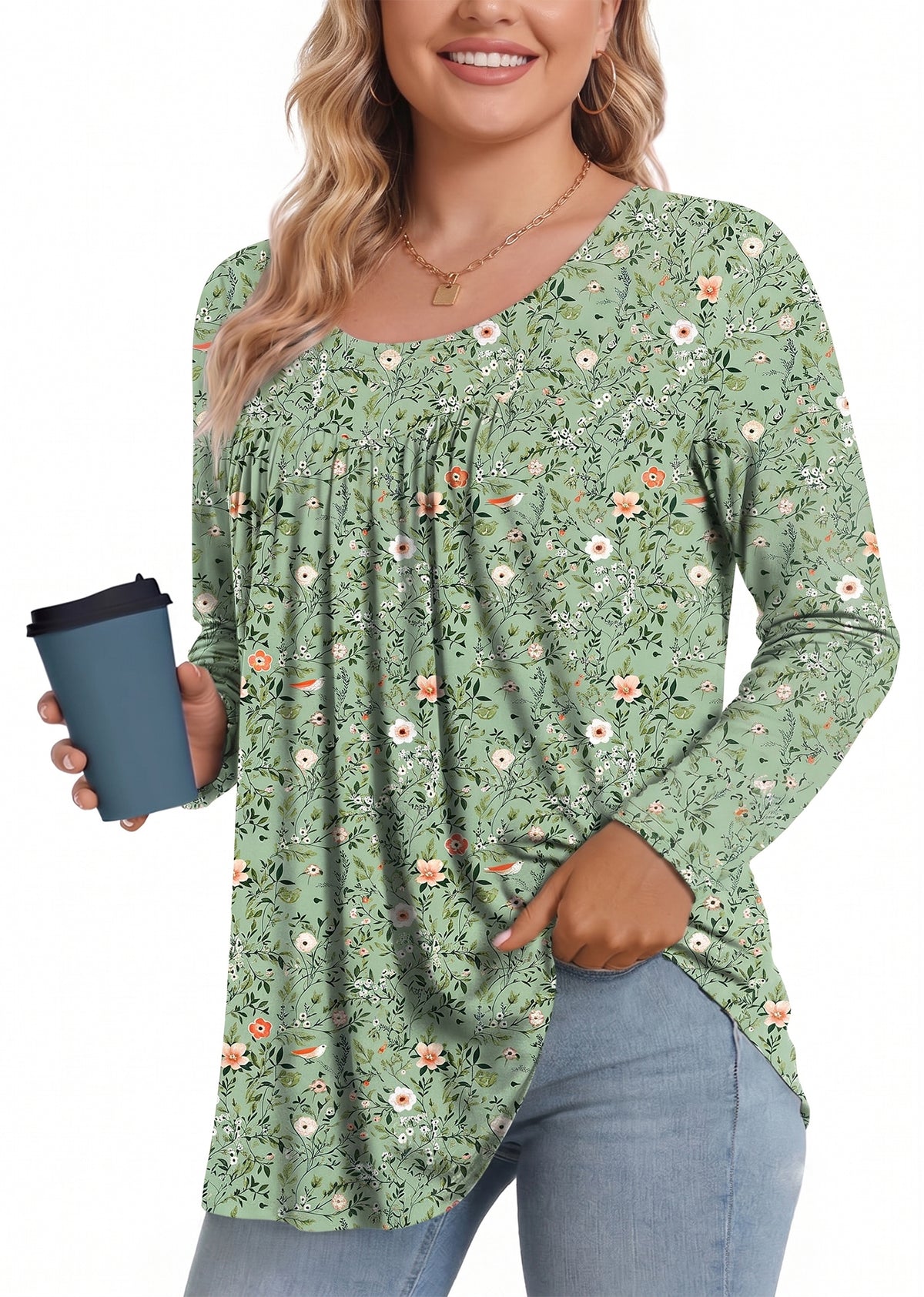WQD Women's Long Sleeve Tunic Tops Floral Print Casual Crew Neck Pleated Blouse Loose Fit Flowy Shirts Dressy Casual Tops for Leggings S-4XL Plus Size