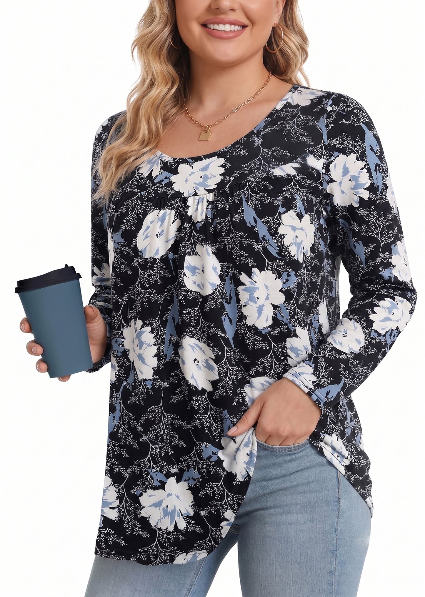 WQD Women's Long Sleeve Tunic Tops Floral Print Casual Crew Neck Pleated Blouse Loose Fit Flowy Shirts Dressy Casual Tops for Leggings S-4XL Plus Size