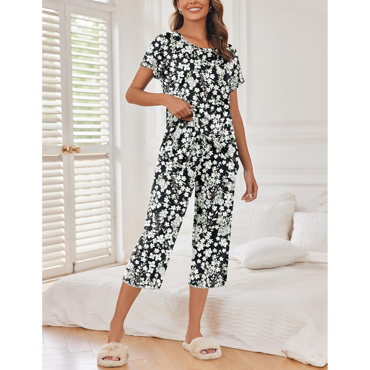WQD Womens Pajama Sets Pj Set Floral Print Short Short Sleeve Top With Capri Pants Sleepwear 2 Piece Loungewear with Pockets