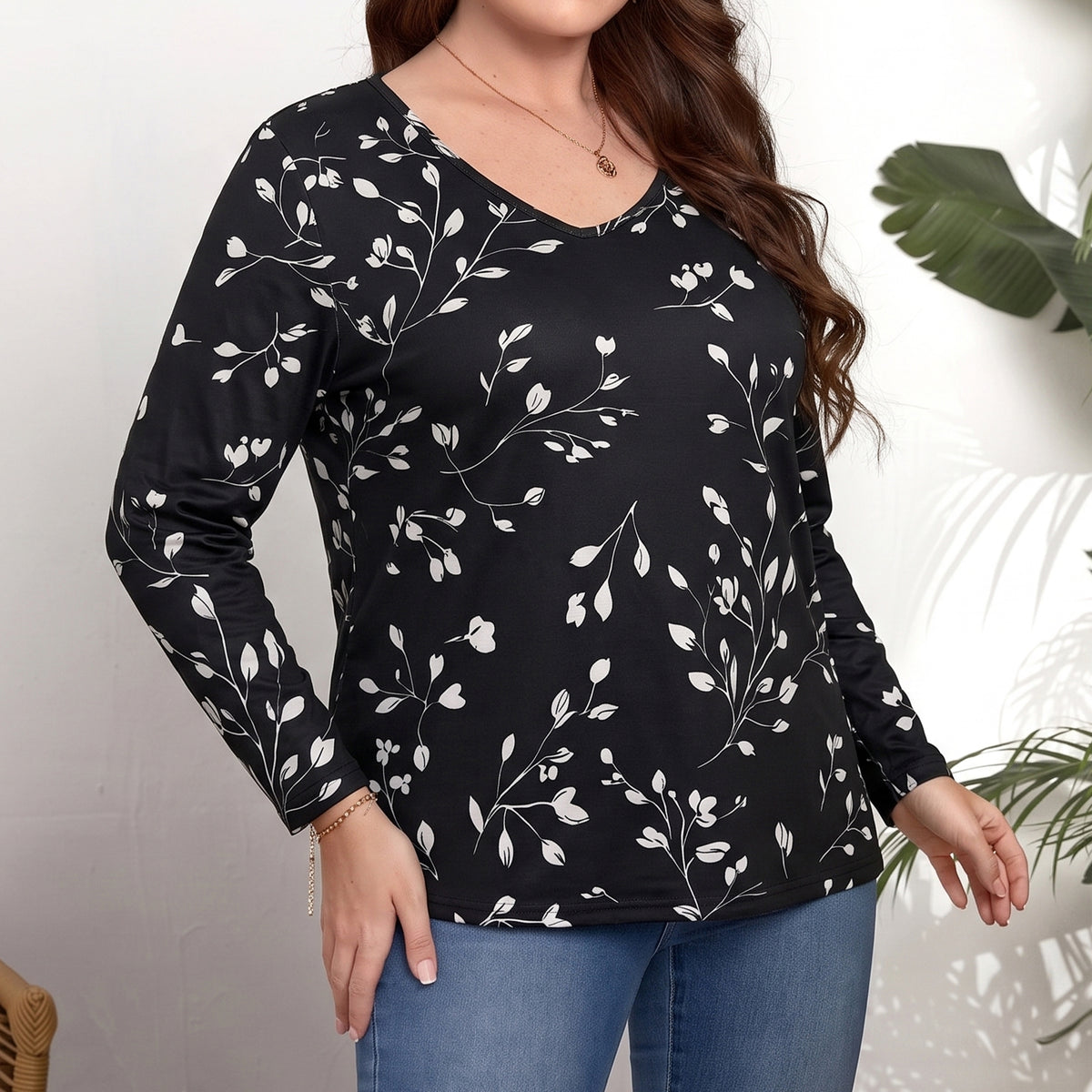 WQD Women's Long Sleeve Floral Tops V Neck Casual Tunic Shirts Lightweight Everyday Tops for Spring Fall Winter Including Plus Size