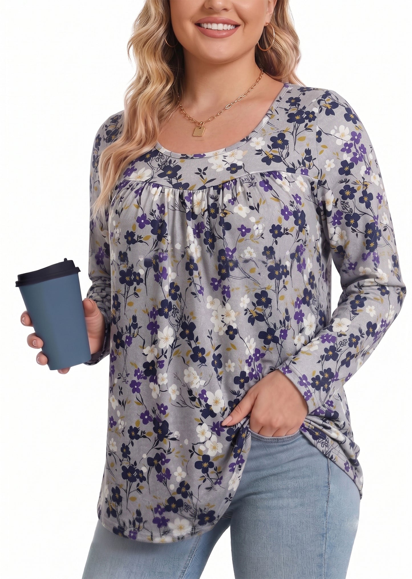 WQD Women's Long Sleeve Tunic Tops Floral Print Casual Crew Neck Pleated Blouse Loose Fit Flowy Shirts Dressy Casual Tops for Leggings S-4XL Plus Size