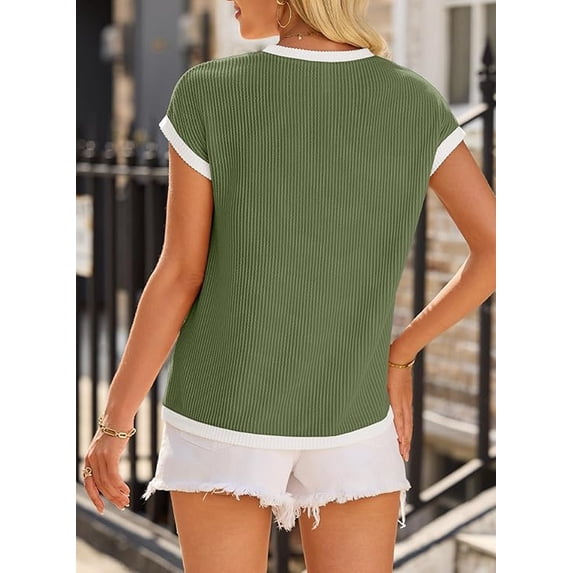 WQD Women’s Short Sleeve Crewneck T Shirt Color Block Ribbed Knit Top Casual Summer Blouse with Pocket