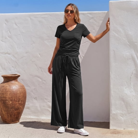 WQD Womens 2 Piece Set Outfits Lounge Sets Ruched Short Sleeve Tops High Waisted Wide Leg Pants Tracksuit Sets