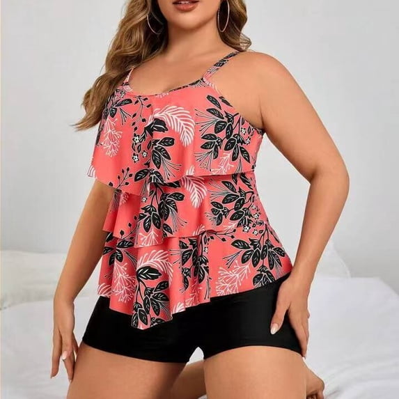Plus Size Tankini Swimsuits for Women Tummy Control 2 Piece Bathing Suit Ruffle Flounce Swim Top with Boyshorts Modest Floral Swimwear