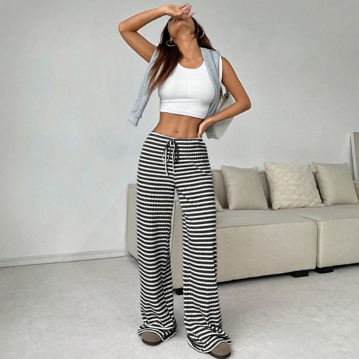 Women’s Wide Leg Palazzo Pants High Waisted Striped Knit Lounge Pants Elastic Waist Drawstring Casual Pajama Trousers