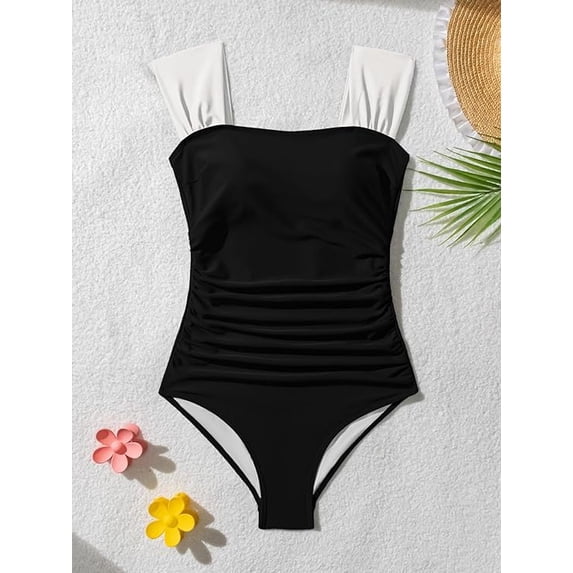 WQD Womens One Piece Swimsuit Square Neck Tummy Control Bathing Suit Ruched Retro Modest Full Coverage Swimwear
