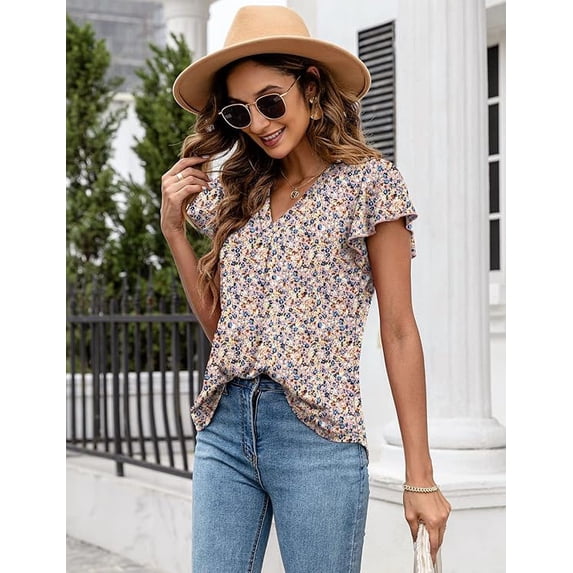 WQD Women’s Summer Floral Tops Flutter Short Sleeve V Neck Blouse Dressy Casual Loose Fit Tunic Shirts Trendy Ruffle Sleeve T Shirts
