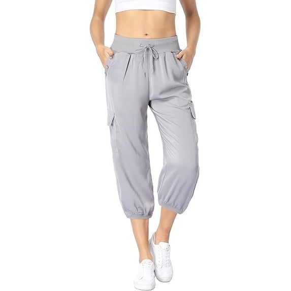 Womens Cargo Capris Travel High Waist Drawstring Workout Pants Button Decor Summer Loose Harem Sweatpants Stylish Soft Casual Work Pants with Pockets