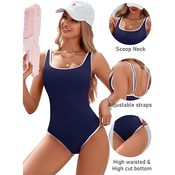 Women’s Sport One Piece Swimsuit Ribbed Color Block Bathing Suit High Cut Adjustable Strap Swimwear(Available in Plus Size)
