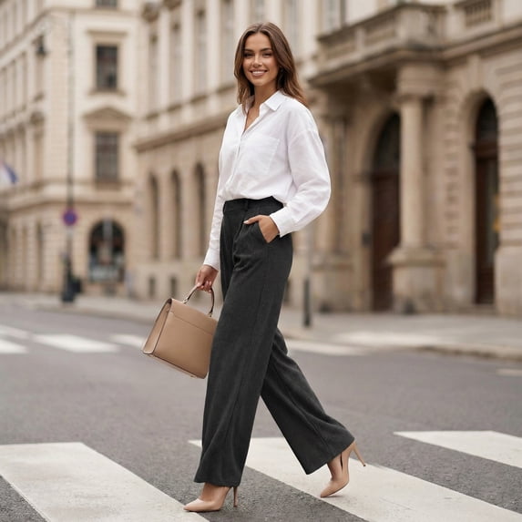 Women’s High Waisted Wide Leg Pants Casual Straight Leg Trousers with Front Pleats Elastic Back Waist Lounge Work Pants