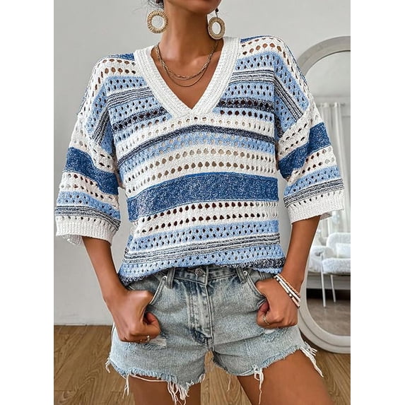 Women’s Crochet Sweater Top V Neck Cap Short Sleeve Spring Summer Knit Shirt Loose Hollow Out Striped Pullover Beach Vacation Cruise Casual Fashion Clothes