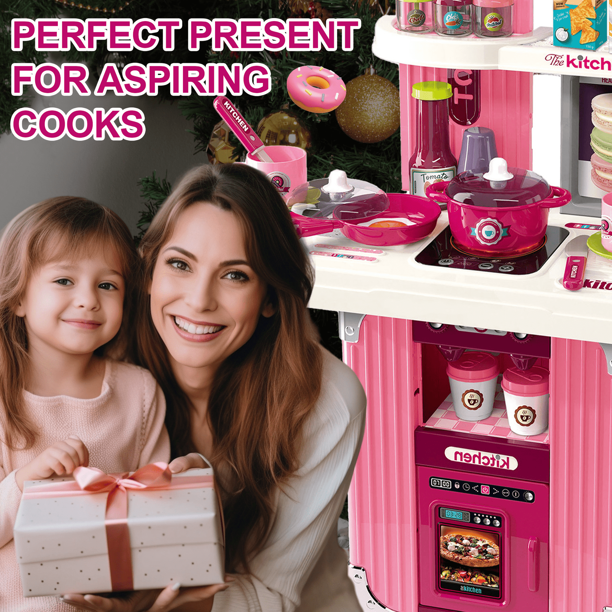 Flynow Kids Kitchen Playset Toys, Kitchenette Pretend Play for Toddler 1-3 Year Old, 42pcs Interactive Toy Accessories with Lights Sounds, Christmas Birthday Gift for Girls Age 2 4 5 6 7 8 9 10