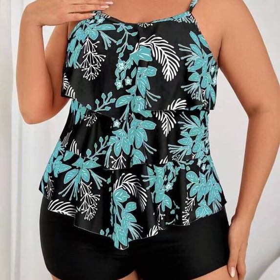 Plus Size Tankini Swimsuits for Women Tummy Control 2 Piece Bathing Suit Ruffle Flounce Swim Top with Boyshorts Modest Floral Swimwear