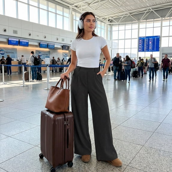 Women’s High Waisted Wide Leg Pants Casual Straight Leg Trousers with Front Pleats Elastic Back Waist Lounge Work Pants