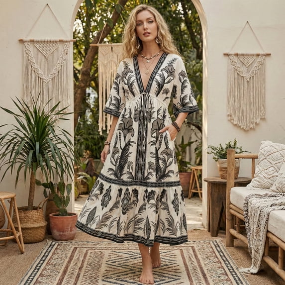Women's Floral V Neck Maxi Dress Short Sleeve Shirred Flowy Summer Dresses