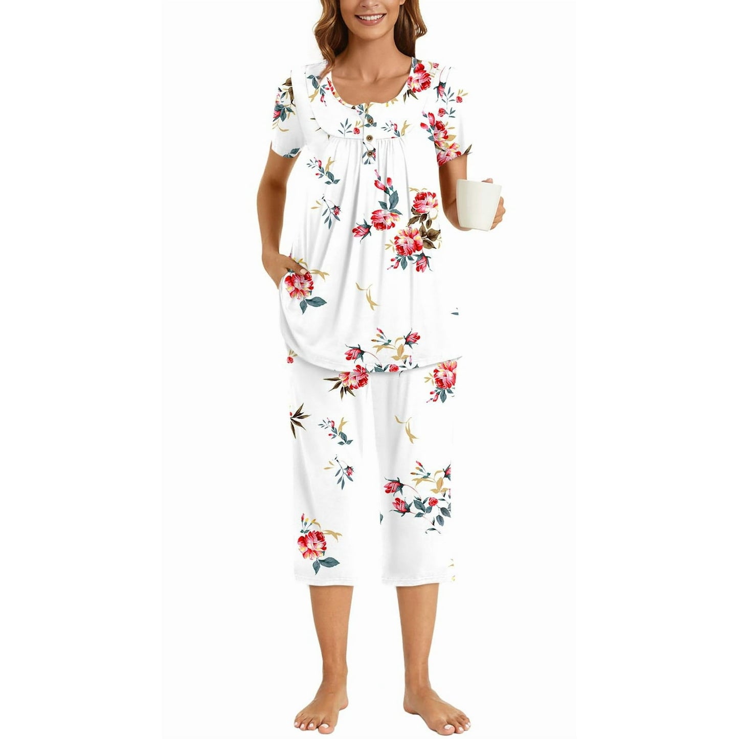 WQD Womens Pajama Sets 2 Piece Lounge Sets Soft Loungewear Comfy Pj Sets Henley Neck Short Sleeve Top and Capri Pants Loose Sleepwear with Pockets