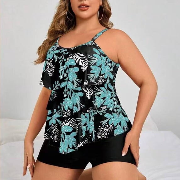 Plus Size Tankini Swimsuits for Women Tummy Control 2 Piece Bathing Suit Ruffle Flounce Swim Top with Boyshorts Modest Floral Swimwear