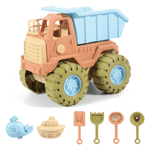 Flynow 7 Pcs Beach Toy Set for Kids 3+ Years Old, Friendly Travel Play Sand Construction Set, Sand Castle Building Kit, Car Toy Set Birthday Gift for Girl Boy Age 3 4 5 6 7 8