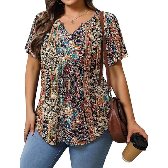 Womens Plus Size Tunic Tops Summer Short Sleeve V Neck Floral Blouse Casual Loose Fit Pleated Button Down Dressy T Shirts for Work, Travel & Everyday Wear