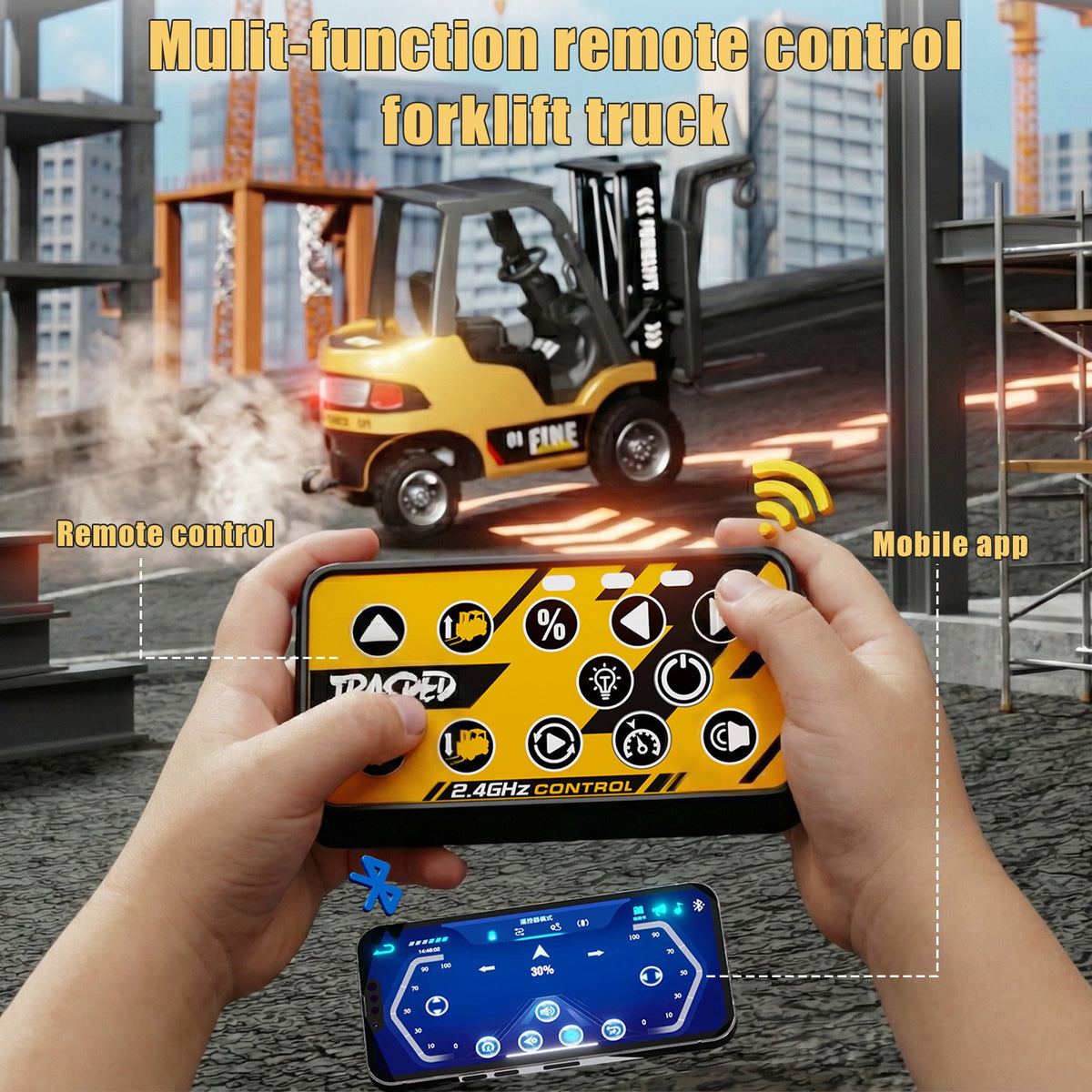 Flynow Mini RC Car Truck Forklift Toy for Kid 3+ Years Old, 1/64 Rechargeable Remote Control Trailer, Electric Vehicle with Lift Fork Hook Light Sound, Birthday Gift for Boy Age 4 5 6 7 8 9