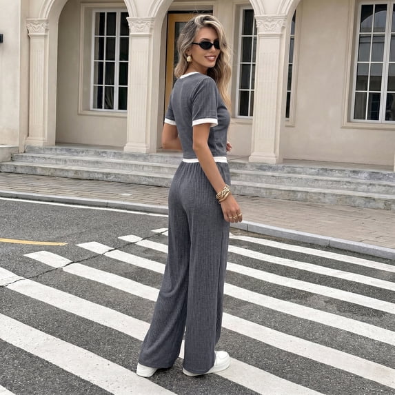 Women's 2 Piece Lounge Set V Neck Short Sleeve Top and Wide Leg Pants with Pockets Casual Travel Outfit for Vacation Airport Work from Home