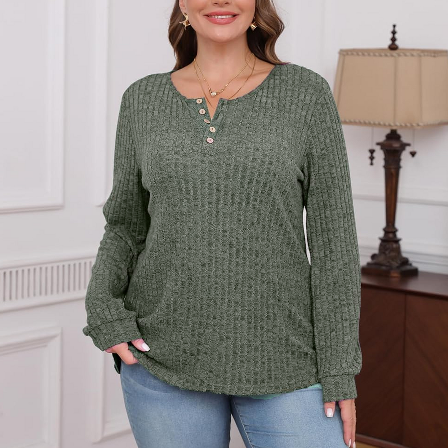 WQD Womens Sweater Long Sleeve Henley Shirts Loose Tunic Tops Casual Pullover Trendy Outfits for Fall Winter Spring (Available in Plus Size)