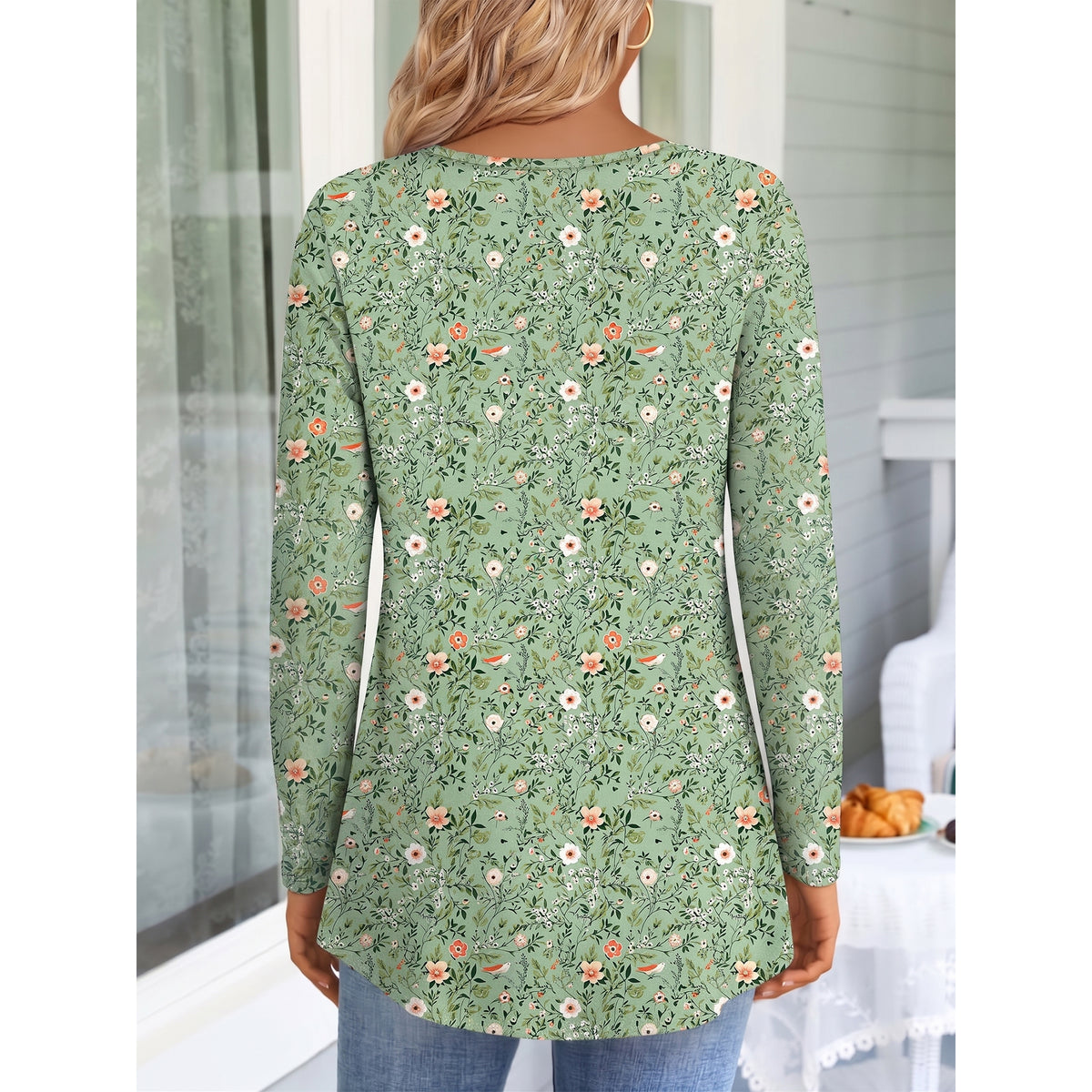 WQD Women's Long Sleeve Tunic Tops Floral Print Casual Crew Neck Pleated Blouse Loose Fit Flowy Shirts Dressy Casual Tops for Leggings S-4XL Plus Size